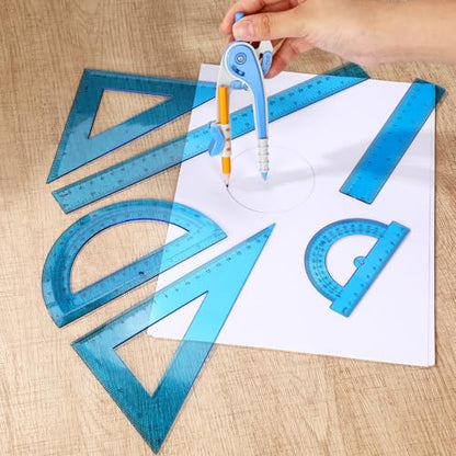Zonon 1 Set Plastic Geometry Math Set 7 Pcs Includes 6'' / 4 '' Protractor, Drawing Compass, 45/60 Degree Triangle Rulers, 12'' / 6'' Math Ruler Transparent for Office Supplies(Blue) - color: Blue