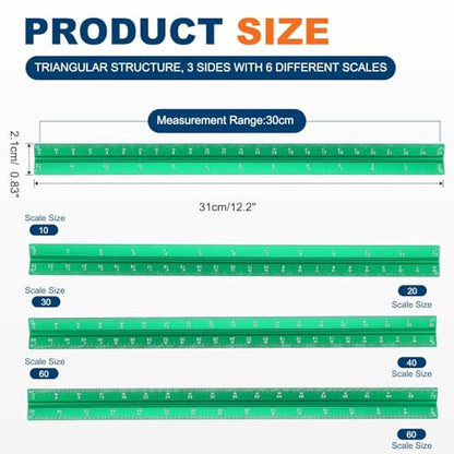 HARFINGTON 2 Pcs Architectural Scale Ruler, 12 Inch Standard Aluminum Alloy Architect Triangular Large Scale Laser-Etched Blueprint Drafting Ruler for Architects Engineers, Green - color: Green, size: 12 Inch