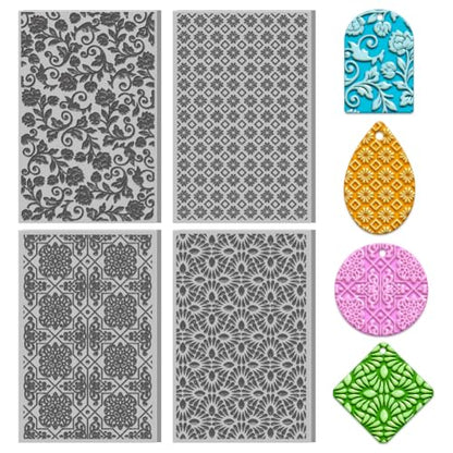 4PCS Polymer Clay Texture Sheets Set for Using with Clay Cutters, Vintage Clay Texture Mats, Pottery Jewelry Making Kit DIY Creative Crafts Tools - style: Retro Pattern 2 Theme-4pcs