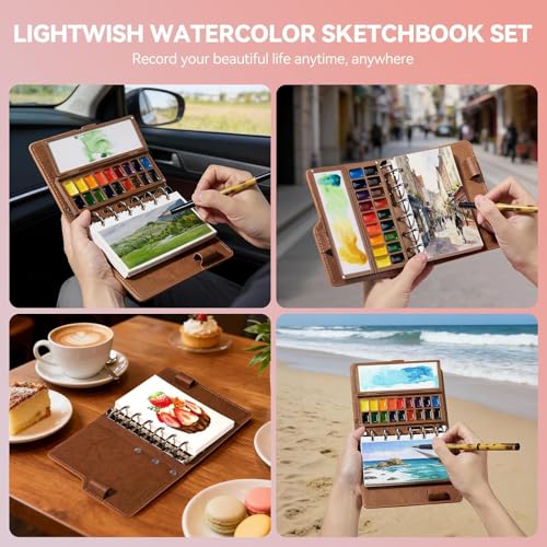 Portable Watercolor Sketchbook Set - 100% Cotton 5.1x3.0 Inch Cold Press 20 Sheets Binder Art Journal with 18-Well Ceramic Paint Palette & Travel Watercolor Brushes for Artists Outdoor Painting - color: Yellow