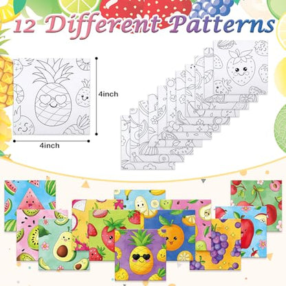 Anseal 12 Packs Pre Drawn Canvas to Paint, 4" X 4" Fruits Pre-Printed Paint Party, Pre Stretched Canvas Outline Painting Boards for Paint Lovers, Party Favor (Fruit) - style: fruit