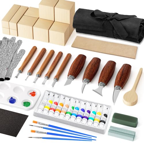 Wood Carving Kit, Wood Carving Tools Set with Carving Knives Detail Knives Basswood Blocks Gloves Polishing Compound Coloring Set, Wood Whittling Kit for Beginners DIY Hobbies for Adults