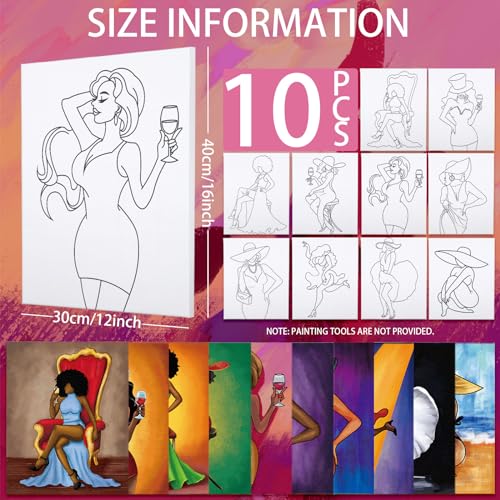 Nuberlic 10 Pack Sip and Paint for Girls Hangout Pre Drawn Canvas Painting for Adults Pre-Stretched Outline Canvas Bridal Shower Party Supplies Mothers Day Gift Friendsmas Paint n Sip 12x16 Inch - size: 12x16, style: Girls night