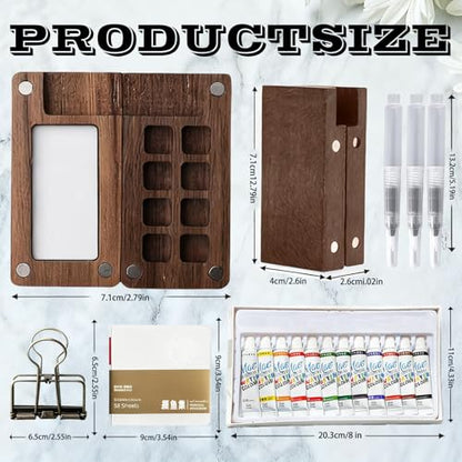 Mini Watercolor Paint Set, Portable Travel Watercolor Palette with 12 Colors, 3 Brushes, Picture Album & Binder Clips, 8-Grid Wooden Pocket Paint Box