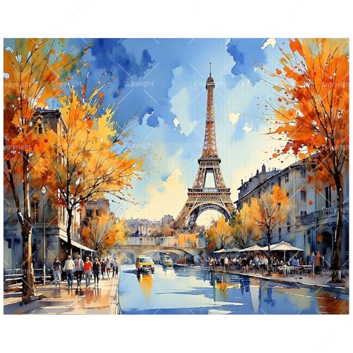 Autumn in Paris Paint by Numbers Kit for Adults - DIY Eiffel Tower with Fall Trees and Street Scene Painting on Canvas 16x20 Inches, Acrylic Paint Set for Beginners, Art for Home Decoration or Gifts - color: HSX01540, size: 16X20IN Folded