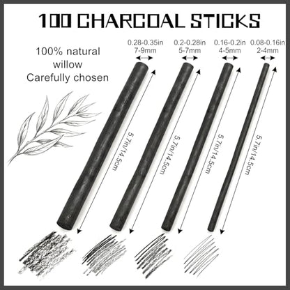 100 Pcs Willow Charcoal Sticks, Black Willow Charcoal for Artists Beginners Students, Drawing Charcoal for Sketching and Shading, Art Supplies(2-4mm, 4-5mm, 5-7mm,7-9mm)