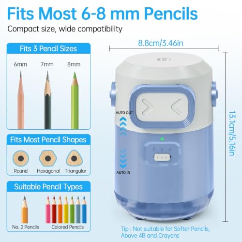 Electric Pencil Sharpener for Classroom Home, Automatic Colored Pencil Sharpener for Kids, Auto Stop for 6-8mm No.2/Colored Pencils, Cute Pencil Sharpener Battery Powered, School Supplies - color: Blue