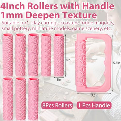 Leriton 9 Pcs Clay Texture Roller Set with Handle, 8-Pattern 3D-Printed Miniature Texture Rollers for Clay, Miniatures, Tabletop, Pottery (Floral) - style: Floral