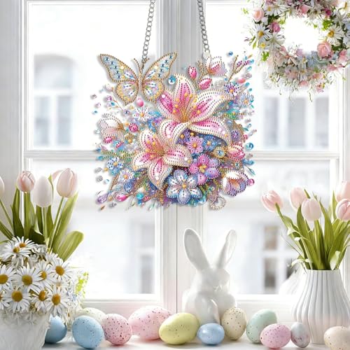 LPDJITO DIY Hanging Lily Flower Diamond Art Pendant Kit Flowers Butterflies, Special Crystal Diamonds Painting Ornament for Adults, 5D Diamond Art Suncatchers Double Sided Board Gem Painting Kit - color: Color-11