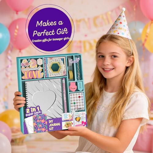 DIY Journal Kit for Girls Ages 8+, Stationery Set for Teen Tween Girl Gift | 2 Notebooks & 150+PCS, Arts and Crafts Kit, Scrapbook & diary kit, Birthday gifts for girls ages 8-14, Teen girl trendy stuff