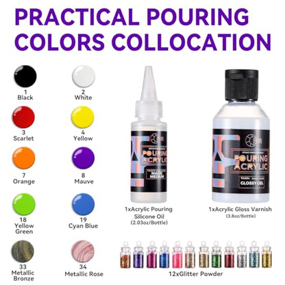 OPHIR Acrylic Pouring Paint Set, 10 Colors with Pouring Medium & Varnish | Complete Paint Pouring Kit Includes Canvases, Glitter Powder, Aprons, Gloves & Table Covers for DIY Projects - color: Complete Pouring Paint Kit (Beginning Kit)