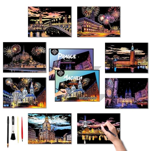 DESINIK Scratch Painting Art Paper - Scratch Art for Adults: Premium DIY Craft Kit with Tools - Creative Adult Crafts for Home Decor & Stress Relief（Europe Series I） A4 - color: Europe Series 1