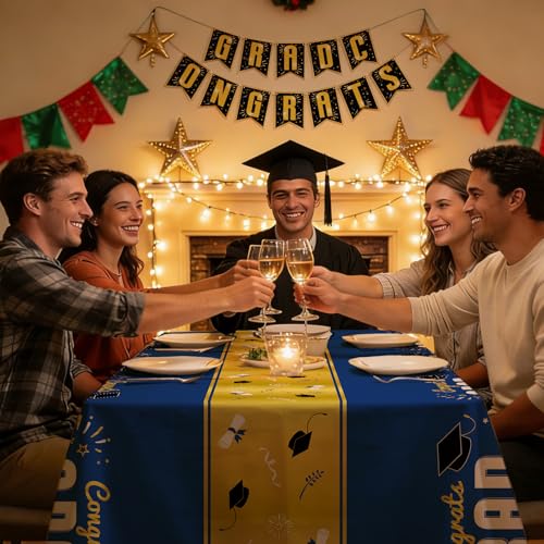 4 Pack Pack Graduation Tablecloth 54"x108" Disposable Plastic Tablecloths Gongrats Grad Tablecover for Graduation Party Supplies (Blue) - color: Graduation Blue