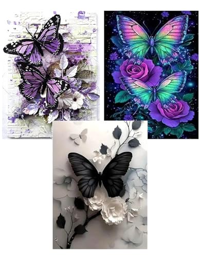 Xylogist 3 Packs Butterfly Diamond Art Kits for Adults 12x16 Inch | Butterflys Diamond Painting for Beginners, 5D DIY Full Drill Diamonds Gem Craft Art Home Wall Decor - color: 3 Packs Butterfly, size: 11.8 x 15.7 in