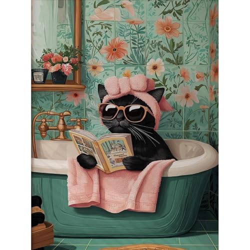 Canrichshop Black Cat 5D Diamond Art Painting Kits for Adults,Funny Animal Diamond Painting Kits for Beginners,Bathing cat Full Drill Diamond Dots,Gem Art Crafts for Adults Wall Decor 12x16inch