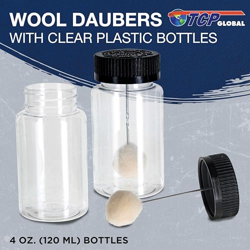 TCP Global 12-Pack Wool Daubers with Clear Plastic Bottles, 4 oz. (120 ml) - Safety Lids, Applicator Ball Brushes for Leather Dye, Dyeing, Painting, Gluing, DIY Arts and Crafts, Contact Cement