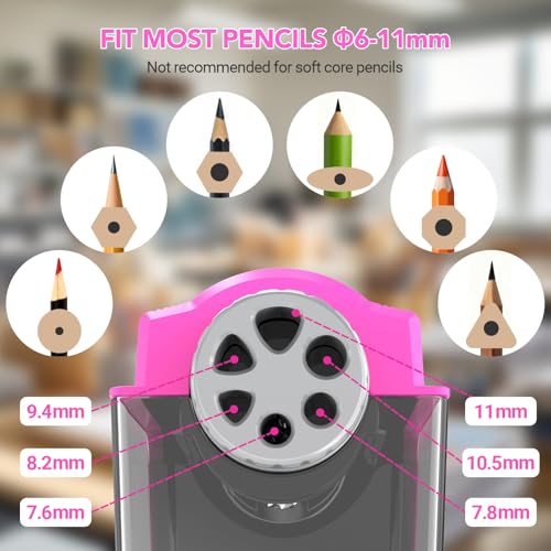 AFMAT Electric Pencil Sharpener for Classroom, 6 Holes, Cordless & Rechargeable, Super Fast, Auto Stop, 10K+ Uses, Heavy Duty Pencil Sharpener for 6-11mm No.2/Large/Colored Pencils PSD4(Pink) - color: Pink