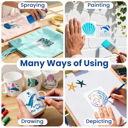 Amrules 65 Pcs Painting Stencils, Ocean Theme, 4 x 4 Inch | Plastic, Drawing Templates Set for Crafts, Reusable DIY Art Stencil, For Wood, Walls, Cards, Fabrics, Rocks, Home Decoration - style: Ocean