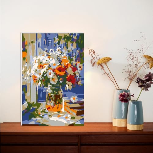 Lxmsja Daisy Bouquet Paint by Numbers Kit for Adults, Sunny Windowsill Acrylic Paint by Numbers for Adults Beginner, DIY Craft Supplies Oil Painting Kits for Home Wall Decor 8x12 inch (Framed) - color: white#107