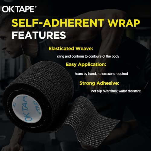 OK TAPE 12 Rolls Self Adhesive Bandage Wrap, Elastic Athletic Tape, Self Stick Bandage Tape, Vet Wrap, Medical Wrap for Wrist, Feet, 2" x 5 Yards - Black - color: Black, size: 2 Inch