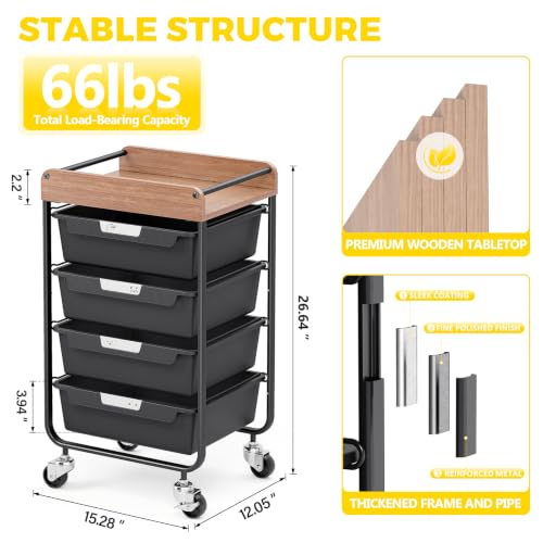 SYKIARIOL Utility Cart with 4 Labeling Drawers and Wooden Tabletop,Black - color: Classic Black, size: 4-Drawer