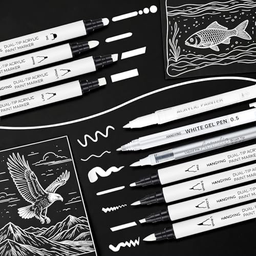 HANGYING White Pens Set, Gel Ink Pens, Dual-Tip Acrylic Paint Markers,7PCS