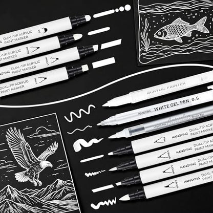 HANGYING White Pens Set, Gel Ink Pens, Dual-Tip Acrylic Paint Markers,7PCS