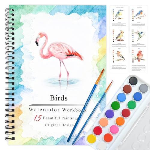 SLWBZ Watercolor Workbooks Coloring Book, Beginner Friendly Painting Kit, Easy Exquisite with Steps, Creative Exploration Watercolor Book with Paint Set for Adults Teens (Pink Flamingo, with Paint) - color: Pink Flamingo, size: With paint