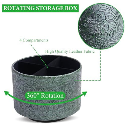 Round Leather Art Supply Organizer,Remote Control Holder,360 Degree Spinning,Multi-Functional Pencil Holder,4 Compartments Desktop Stationary Organizer(1-Carved Metal Green1) - color: 1-Carved Metal Green1