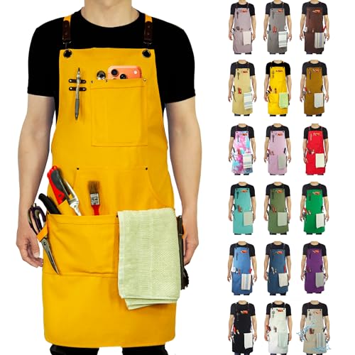 Kitchen Apron, Work Apron, Canvas Apron, Yellow - color: Yellow