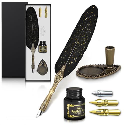 Lagarto Feather Pen and Ink Set, 11.4", 3 Steel Nibs, Inkwell (Black) | Quill Pen and Ink Set, Beginner Calligraphy Dip Kit with Antique Handle, Gift Box; for Signatures, Letters and Vintage Decor - color: Black