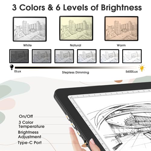Rechargeable A3 Light Pad with Carry Bag, High-Brightness Tracing Light Box with 6 Levels of Brightness, Side Physical Buttons & 3 Colors, Wireless Light Board for Diamond Painting, Drawing, Sketching - style: Rechargeable A3 with Bag (Black)