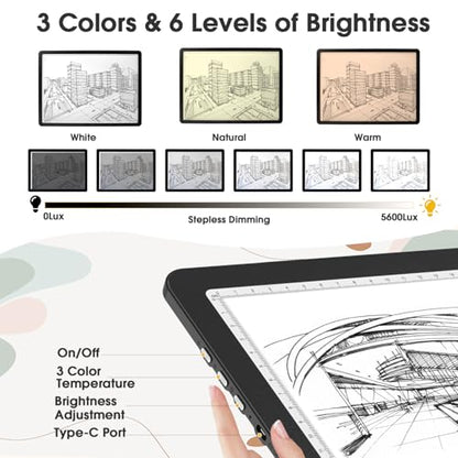 Rechargeable A3 Light Pad with Carry Bag, High-Brightness Tracing Light Box with 6 Levels of Brightness, Side Physical Buttons & 3 Colors, Wireless Light Board for Diamond Painting, Drawing, Sketching - style: Rechargeable A3 with Bag (Black)