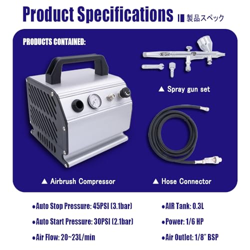Pinkiou Airbrush Kit with Air Compressor Dual Action Airbrush Gun Set with 1/6 HP Quiet Air Compressor Include 0.2mm 0.3 &0.5mm Needles and Hose Gravity Airbrush Set for Model Painting,Cakes,Clothes - color: White