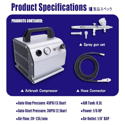 Pinkiou Airbrush Kit with Air Compressor Dual Action Airbrush Gun Set with 1/6 HP Quiet Air Compressor Include 0.2mm 0.3 &0.5mm Needles and Hose Gravity Airbrush Set for Model Painting,Cakes,Clothes - color: White