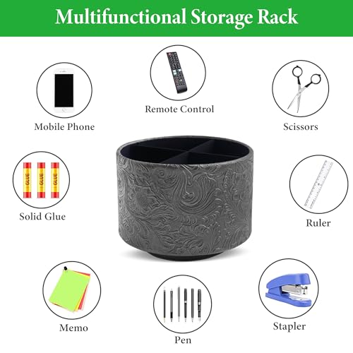 Round Leather Art Supply Organizer,Remote Control Holder,360 Degree Spinning,Multi-Functional Pencil Holder,4 Compartments Desktop Stationary Organizer(1-Carved Black) - color: 1-Carved Black