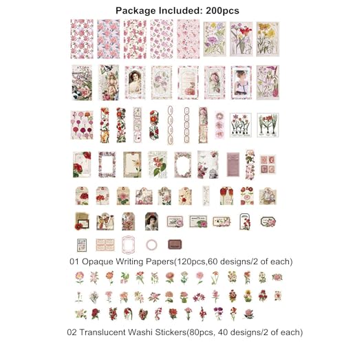 Esweny 200PCS Vintage Scrapbooking Supplies Pack, Aesthetic Scrapbook Sticker Paper Art Journaling Kit for Junk Journals,Planner,Cottagecore Decor Gifts (Pink Series) - color: Pink Series