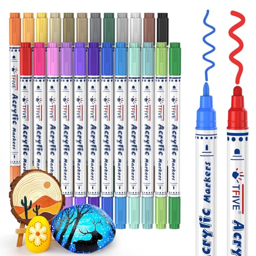 TFIVE Dual Tip Acrylic Paint Markers, 24 Colors Dot & Fine Tip Paint Pens