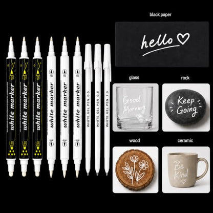 White Paint Pens Set, 9 Pack White Gel Pens and Acrylic Paint Markers | 0.5/0.8/1.0mm White Ink Pens, Dual Tip Dot Brush Fine Markers for Black Paper Drawing, Rock Painting, Card Making, DIY