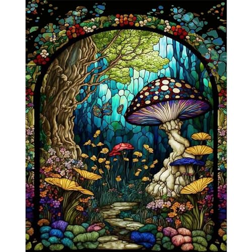 Mushroom Paint by Numbers for Adults - Stained Glass Paint by Number | DIY Forest Oil Painting for Gift Home Wall Decor, Without Frame (16x20 inch) - color: MT12360