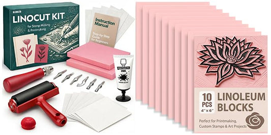 Bluvizo Linocut Tools Block Printing Kit: Stamp Carving Printmaking Kit Supplies with Ink, 12 Rubber Blocks, Brayer, Linoleum Cutters, Tracing Papers, Instruction for Beginners Hobby DIY Gift