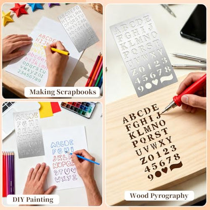 Eageus 8 Pcs Metal Letter Stencils Wood Burning Stencil Lettering Stencils, Small Reusable Alphabet Painting Template for Carving Drawing Engraving Journal Pyrography Craft(Letter Style) - style: Letter Style