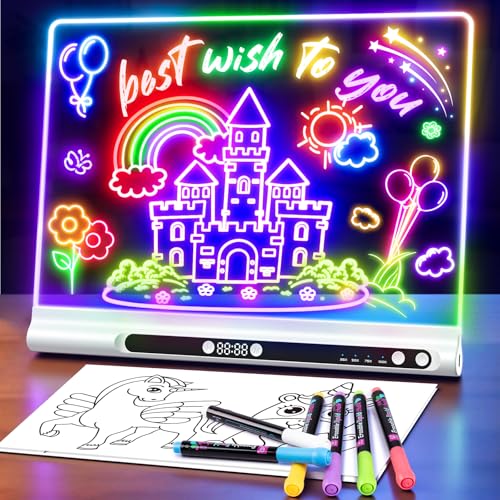 Geokay 16“ Rechargeable LED Drawing Board, 9-Color Light Modes with Timer | Birthday Christmas Gift Idea for Girls/Kids/Boys/Teens, Neon Glow Dry Erase, Built-in Stand with 6 Markers & Tracing Book - color: White