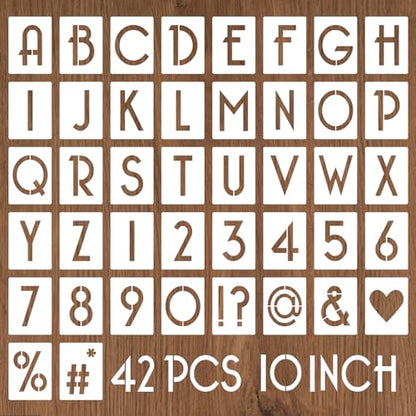 YEAJON 10 Inch Letter Stencils and Numbers, 42 Pcs Alphabet Drawing Stencils, Reusable Plastic Craft Templates for Painting on Wood, Wall, Fabric, Rock, Signage - size: 10 Inch