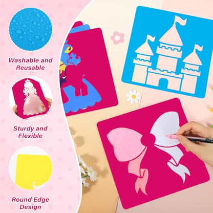 36pcs Princess Drawing Stencils 8 Inch Sidewalk Chalk Stencils Painting Large Washable Reusable Garden Theme Princesses Fairies Primary Shape Template - style: Princess