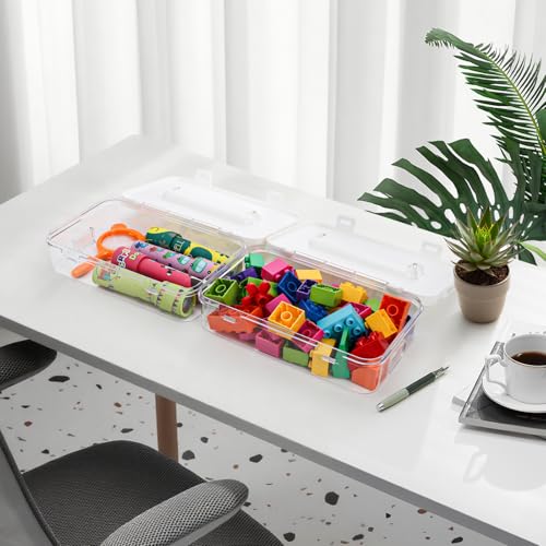2 Pack Plastic Craft Storage Box with Lid, Clear Stackable Pencil Case, Portable Art Supply Organizer with Handle, Small Carrying Crayon Container for Sewing Ornament Nail Polish Tape