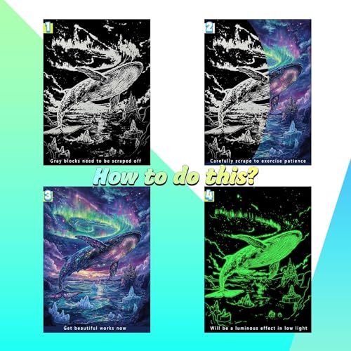 DESINIK Rainbow Scratch Painting Art for Adults & Teens –Glow in The Dark Scratch Rainbow Art Paper, Creative Scratch Painting Kit, Stress Relief for Scratch Art Home/Office Décor (Whale&Jellyfish) - color: Whale&Jellyfish