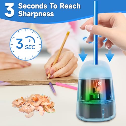 Battery-Operated Electric Pencil Sharpener with LED Light – Compact & Portable Pencil Sharpener for Home, School, or Office Use (Blue) - color: Blue