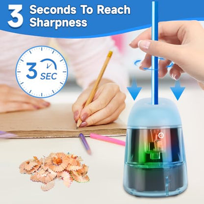 Battery-Operated Electric Pencil Sharpener with LED Light – Compact & Portable Pencil Sharpener for Home, School, or Office Use (Blue) - color: Blue