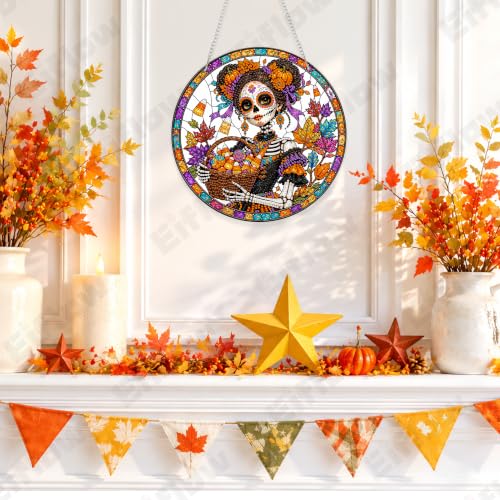 Eiflow Acrylic Diamond Art Hanging Kit for Adults Halloween Skull, DIY Diamonds Painting Door Hanger Board Kit, Special Crystal Diamond Art Painting Pendant Ornament - color: Skull Girl